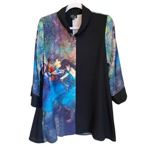 Breeke Size S/M Relaxed Fit Art Print Button Front Tunic Top Degas Ballerinas